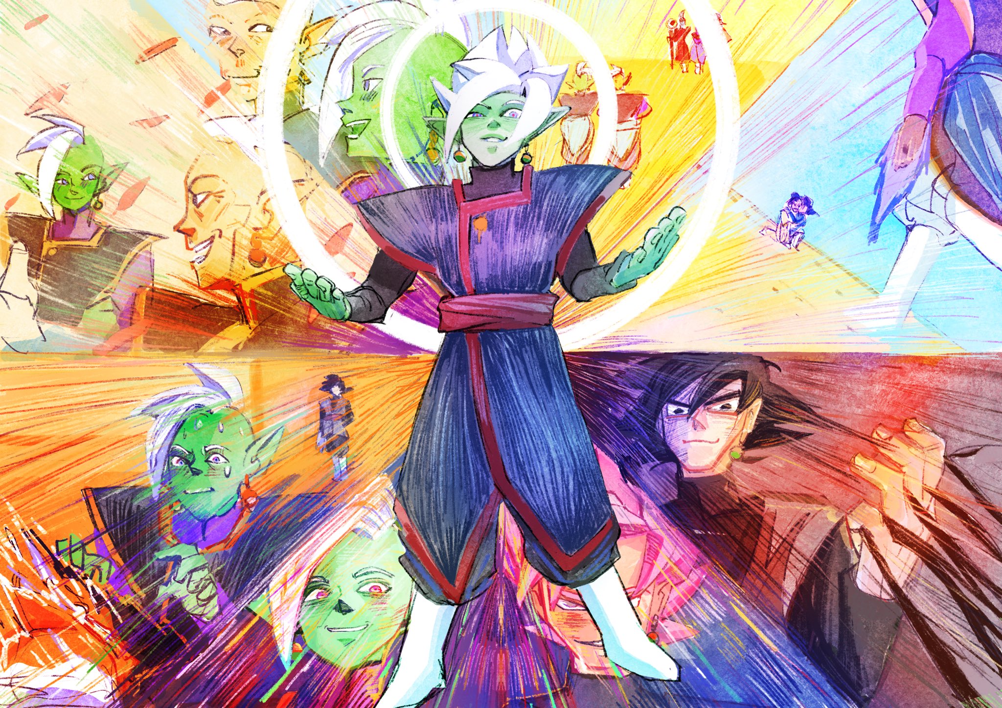 1girl 6+boys beerus black_bodysuit black_eyes black_pants blue_pants blue_sash bodysuit boots bright_background bright_pupils chi-chi_(dragon_ball) colored_skin dragon_ball dragon_ball_super earrings energy_sword fused_zamasu goku_black gowasu green_skin grey_eyes halo highres jewelry long_sleeves male_focus mohawk multicolored_eyes multiple_boys multiple_views pants pink_hair pointy_ears potara_earrings purple_shirt red_sash ring ritostime sash shirt short_hair smile smirk son_goku son_goten spiked_hair story super_saiyan super_saiyan_rose surreal sweat sweatdrop sword tea teapot teeth weapon whis white_footwear white_hair yellow_skin zamasu