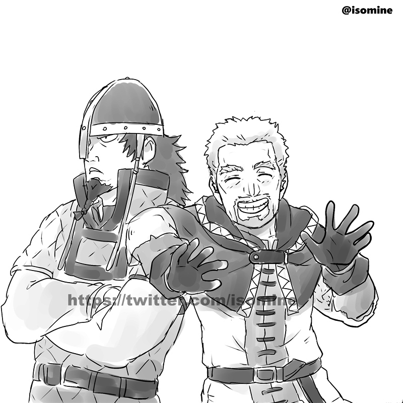 annoyed arm_on_another&#039;s_shoulder askeladd beard bjorn_(vinland_saga) cowboy_shot crossed_arms facial_hair facing_viewer frown full_beard goatee greyscale grin helmet isomine long_beard male_focus mature_male monochrome smile textless_version tied_beard viking vinland_saga waving