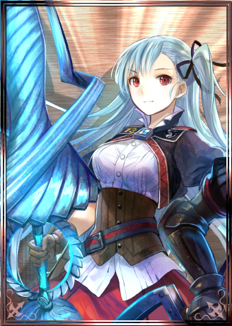 00s 10s 1girl black_ribbon brown_gloves female_focus fuzichoco gloves hair_ribbon holding holding_weapon lance long_hair lowres one_side_up polearm red_eyes red_skirt ribbon riela_marcellis senjou_no_valkyria senjou_no_valkyria_(series) senjou_no_valkyria_3 silver_hair skirt solo weapon