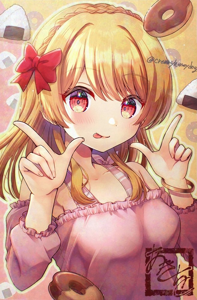 1girl :p aimoto_rinku bare_shoulders blonde_hair bow bracelet braid breasts d4dj donut fingernails food frilled_sleeves frills hair_bow hair_ornament happy_birthday jewelry long_hair looking_at_viewer medium_breasts onigiri orange_eyes pink_shirt red_bow shindoi_akio shirt sign solo tongue tongue_out upper_body