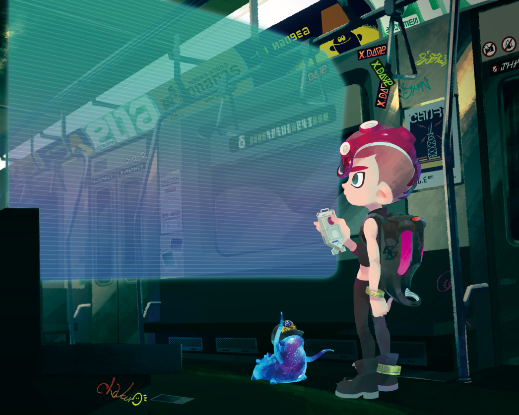 1boy agent_8_(splatoon) backpack bag black_footwear black_pants black_shirt blue_eyes c.q._cumber_(splatoon) cha_kuro_(limo) controller crop_top holding holding_remote_control holographic_interface inkling_(language) male_focus nintendo octoling octoling_boy octoling_player_character pants red_hair remote_control sea_cucumber shirt short_hair signature splatoon_(series) splatoon_2 tentacles train_interior undercut