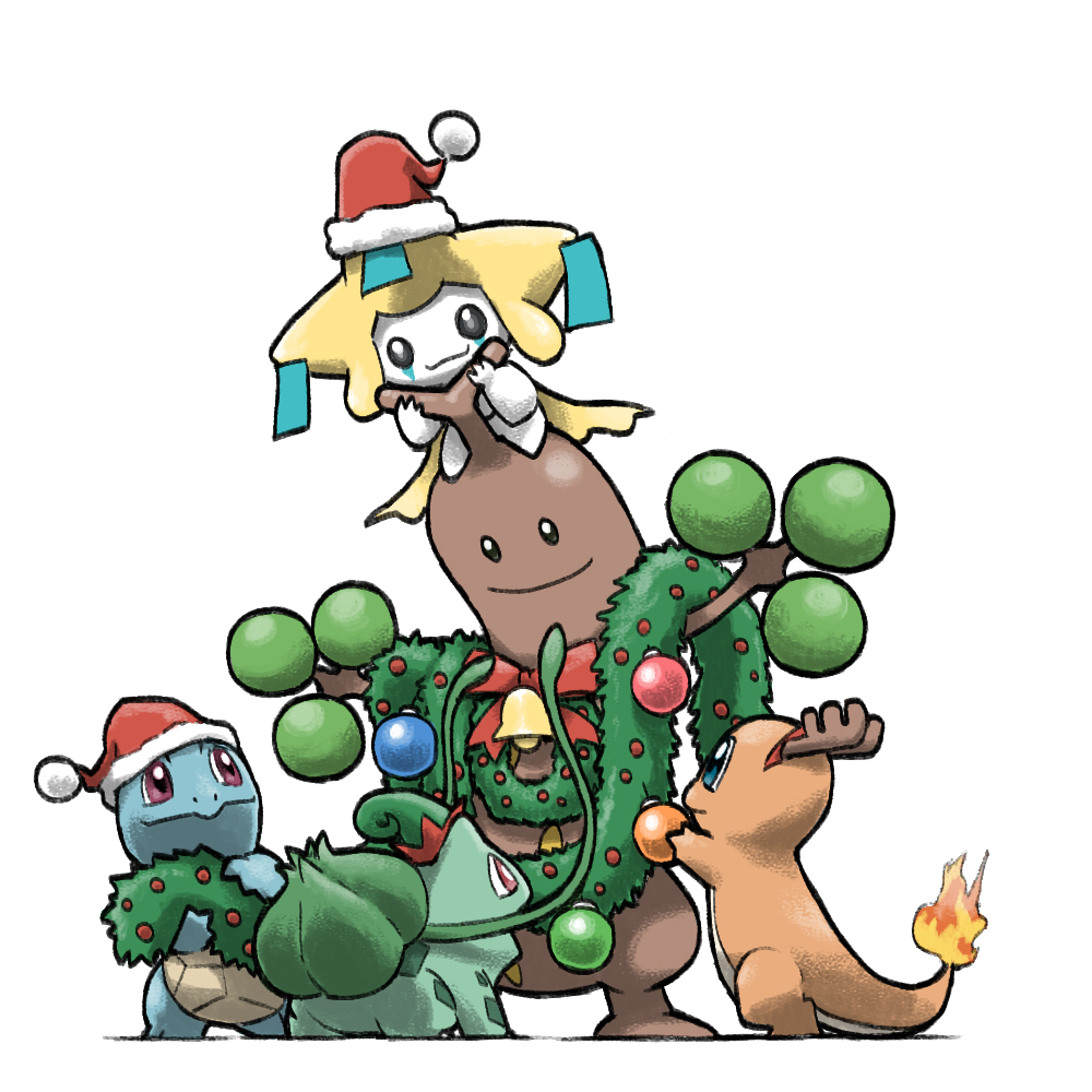 :3 antlers bell blacknirrow blue_eyes bow bud bulbasaur charmander christmas christmas_ornaments christmas_wreath closed_mouth clothed_pokemon elf_hat fake_antlers fire flame-tipped_tail garland_(decoration) gen_1_pokemon gen_2_pokemon gen_3_pokemon green_hat hat horns jirachi legendary_pokemon mythical_pokemon nintendo no_humans on_head outstretched_arms plant pokemon pokemon_(creature) pokemon_focus pokemon_on_head red_bow red_eyes red_hat reindeer_antlers santa_hat simple_background smile spread_arms squirtle starter_pokemon_trio sudowoodo tail vines white_background wreath