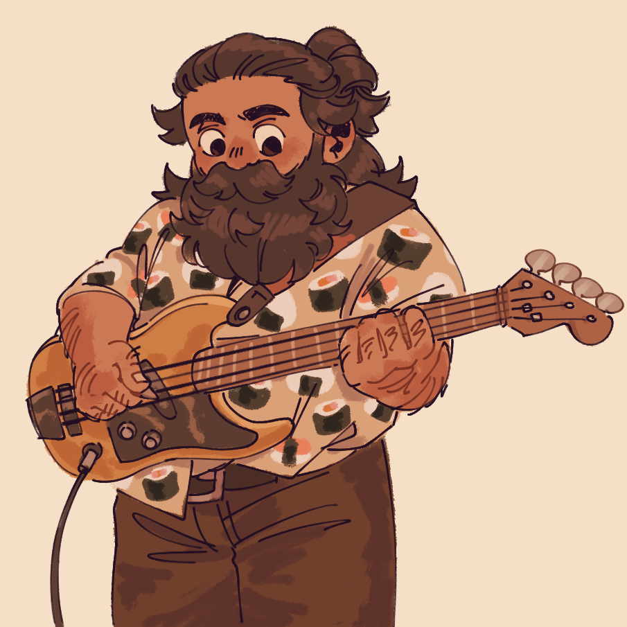1boy alternate_costume beard beard_over_mouth commentary contemporary cowboy_shot dungeon_meshi dwarf electric_guitar english_commentary facial_hair food food_print grangermonarque guitar hairy holding holding_guitar holding_instrument instrument knuckle_hair long_beard looking_down male_focus music mustache playing_instrument senshi_(dungeon_meshi) solo sparse_arm_hair sushi thick_mustache