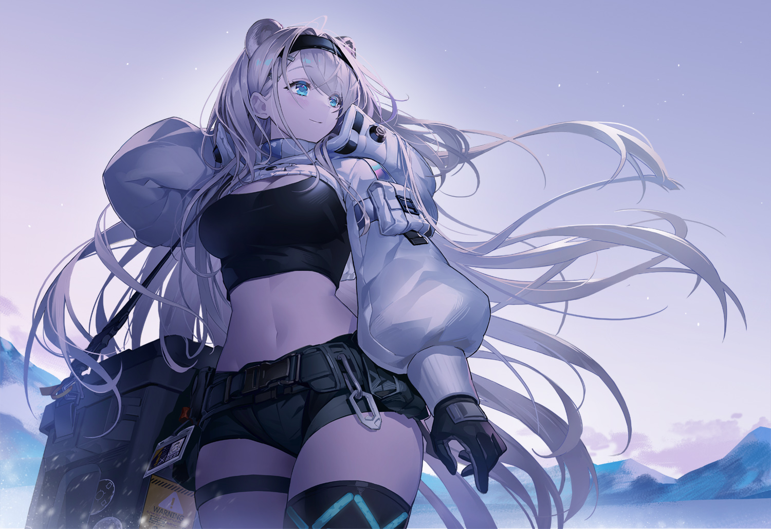 1girl animal_ears arknights aurora_(arknights) aurora_(elite_ii)_(arknights) bear_ears black_gloves black_shirt blue_eyes breasts cliffheart_(arknights) commentary commentary_request cowboy_shot crop_top elite_ii_(arknights) fur-trimmed_jacket fur_trim gloves grey_shorts horns infection_monitor_(arknights) jacket large_breasts long_hair long_sleeves matterhorn_(arknights) midriff navel outdoors shirt short_shorts shorts shrug_(clothing) sky smile solo standing stomach thighs very_long_hair white_hair zerg_(z79438659)