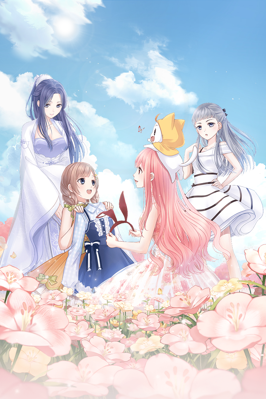 4girls :o ahoge animal animal_ear_hairband animal_ears animal_on_head artist_request bare_arms bare_legs bare_shoulders black_bow blue_eyes blue_hair blue_sky blunt_bangs bobo_(miracle_nikki) bow bra_strap braid breasts brown_eyes brown_hair bug butterfly cat cat_on_head cleavage cloak closed_mouth clothed_animal cloud dress dress_bow ear_covers eyelashes fake_animal_ears field floral_print flower flower_field frilled_dress frills full_body game_cg green_bow grey_eyes grey_hair hair_bow hair_ornament hair_over_shoulder hair_scrunchie hairband hand_on_own_hip hand_on_own_shoulder happy highres holding_hairband hood hood_up hooded_cloak insect kimi_(miracle_nikki) kneeling knees light_particles lips long_hair long_sidelocks long_sleeves looking_at_another lunar_(miracle_nikki) medium_dress miracle_nikki momo_(nikki) multiple_girls nikki_(nikki) nikki_(series) off-shoulder_dress off_shoulder official_art on_head open_mouth orange_dress parted_bangs pink_flower pink_hair pink_lips pleated_dress ponytail purple_hanfu rabbit_ear_hairband rabbit_ears red_hairband robe rose_print scrunchie short_dress sidelocks sky sleeveless sleeveless_dress sleeves_past_wrists smile standing striped_clothes striped_dress swept_bangs teeth third-party_source twin_braids upper_teeth_only very_long_hair wavy_hair whiskers white_cat white_dress white_robe white_scrunchie wide_sleeves yellow_cloak yellow_flower