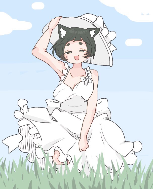 1girl :d alternate_costume animal_ears animare arm_up black_eyes black_hair blue_sky blunt_bangs blush bow breasts cleavage commentary_request cowboy_shot day dog_ears dog_girl dress frilled_dress frills grass half-closed_eyes hand_on_headwear hashiba_natsumi_(animare) hat hat_bow looking_at_viewer medium_breasts miso_love_ini nanashi_inc. open_mouth short_bangs short_hair sky sleeveless sleeveless_dress smile solo sundress thick_eyebrows virtual_youtuber white_bow white_dress white_hat
