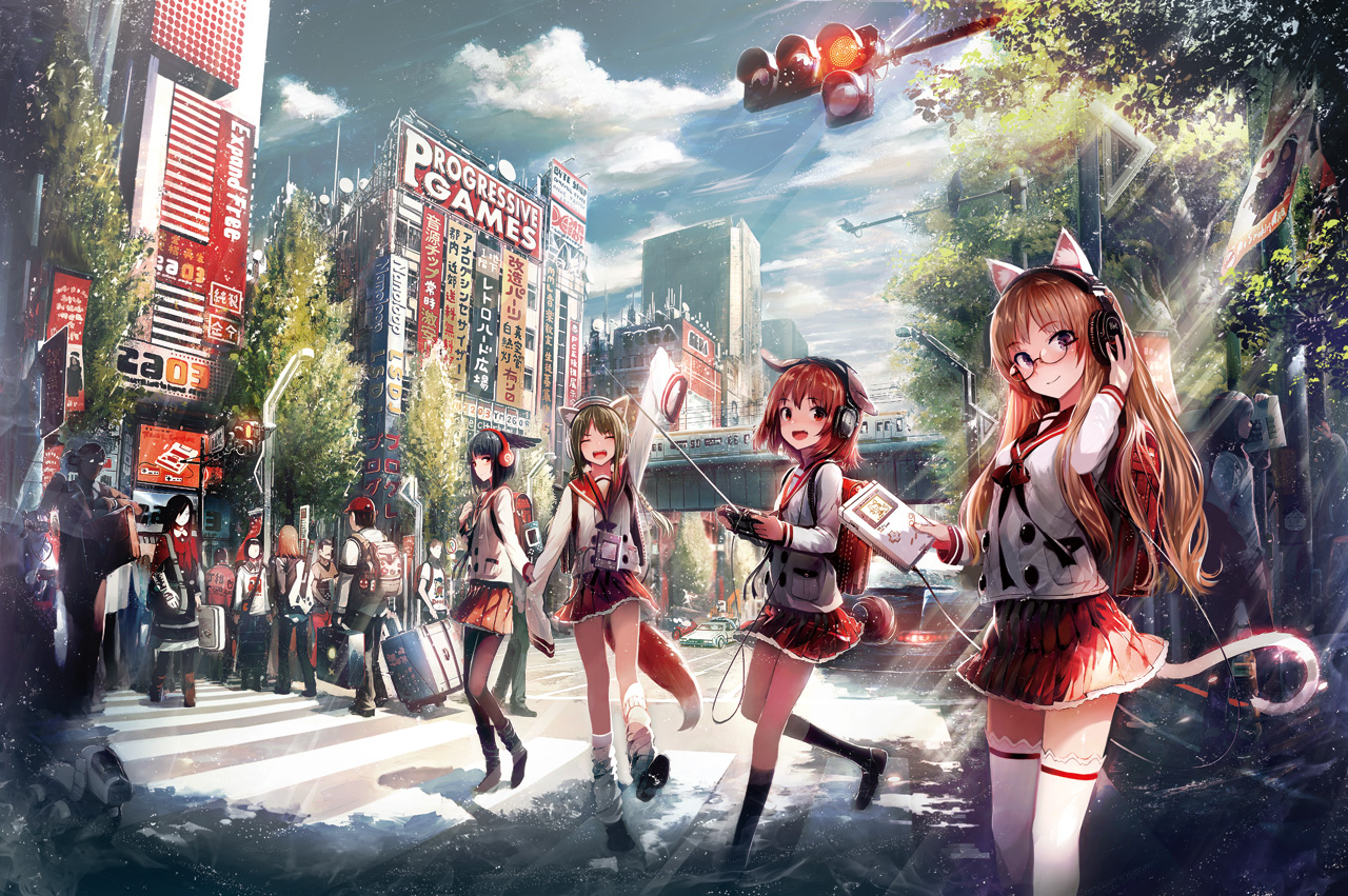 6+boys 6+girls :d ^_^ ad animal_ears antennae arm_up backpack bag bare_legs beats_by_dr._dre black_hair black_pants black_socks blinky_(pac-man) blue_sky blush boots brown_footwear brown_hair building buttons cable cat_ears cat_tail city city_lights closed_eyes clothes_writing cloud crosswalk crowd dark_skin day faceless faceless_male famicom fox_ears fox_tail game_boy game_boy_(original) game_console glasses handheld_game_console headphones knee_boots kneehighs lamppost light_rays loafers long_sleeves looking_at_viewer loose_socks multiple_boys multiple_girls open_mouth orange_hair original outdoors pac-man_(game) pants pantyhose pleated_skirt randoseru red-framed_eyewear red_hair red_skirt road running school_uniform semi-rimless_eyewear serafuku shadow shirakaba shirt shoes short_hair short_sleeves skirt sky skyscraper smile socks standing street sunglasses sunlight t-shirt tail thighhighs trolley under-rim_eyewear white_legwear white_shirt xbox_(original) zettai_ryouiki