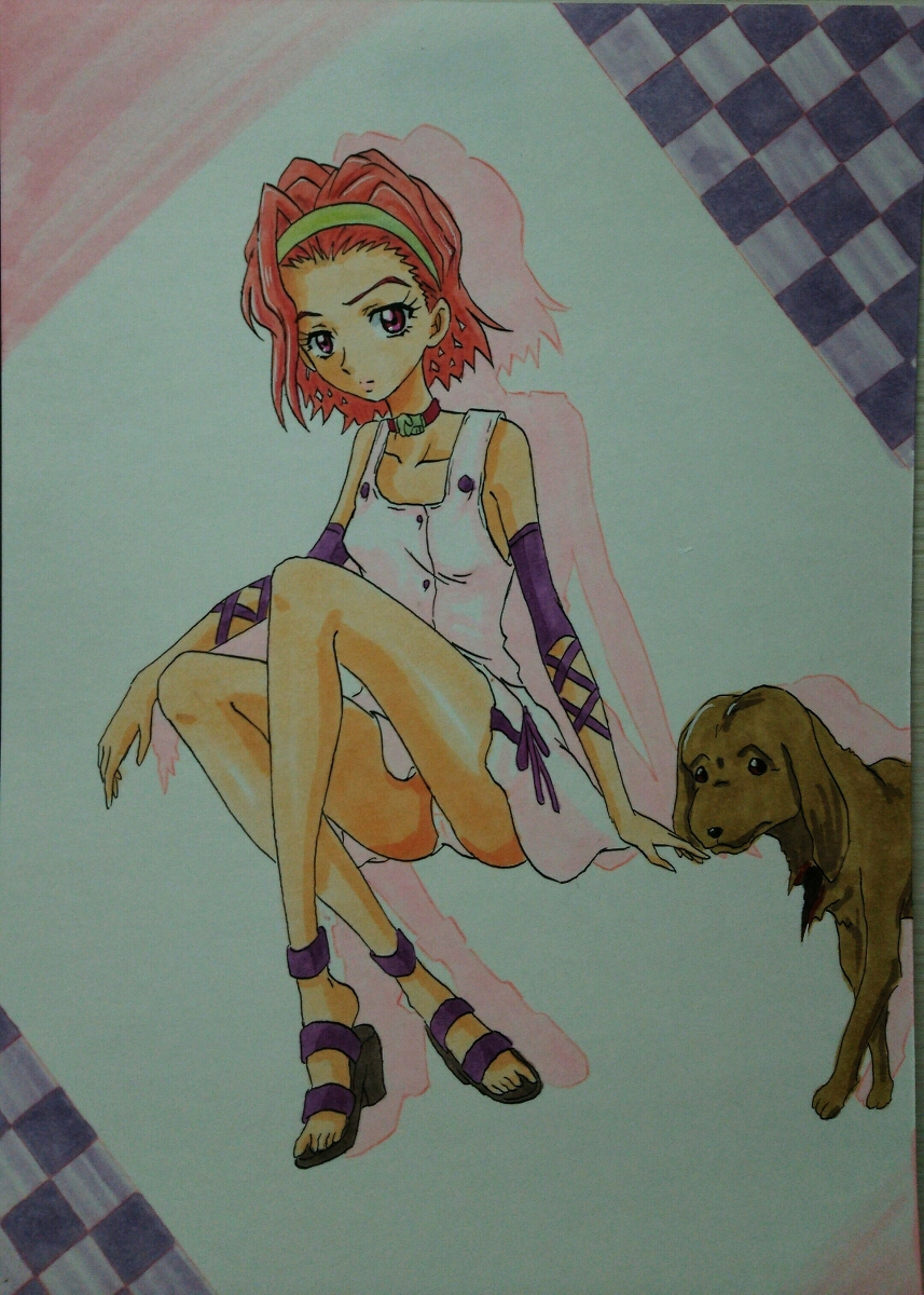 1girl animal armband arnold_(jojo) ashigaki_radar black_footwear breasts brown_fur checkered_background choker collarbone diamond_wa_kudakenai dog dress hairband high_heels highres jojo_no_kimyou_na_bouken looking_at_viewer multicolored_background panties pantyshot pink_background pink_dress pink_eyes pink_hair pink_panties purple_background sandals short_hair sitting sleeveless sleeveless_dress small_breasts sugimoto_reimi underwear white_background