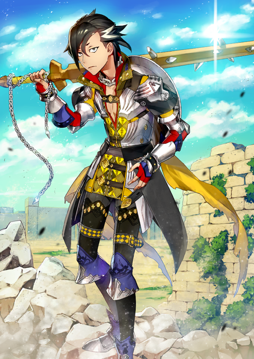 1boy armor armored_boots armored_gloves belt black_hair black_pants blue_sky boots bracer brown_belt chain chain_around_neck closed_mouth cloud collarbone dust expressionless fate/grand_order fate_(series) fingerless_gloves foot_out_of_frame game_cg ginka_sima glint gloves grey_eyes hair_between_eyes hand_on_own_hip hand_up holding holding_sword holding_weapon leg_up looking_at_viewer male_focus mandricardo_(fate) medium_hair multicolored_hair official_art over_shoulder pants pauldrons pectorals plunging_neckline popped_collar red_gloves red_shirt rubble ruins shield shield_on_back shirt shoulder_armor sky solo standing sweater_guard swept_bangs sword thigh_belt thigh_strap third-party_source two-tone_hair variant_set waist_cape weapon weapon_over_shoulder white_streaks wing_collar wooden_sword