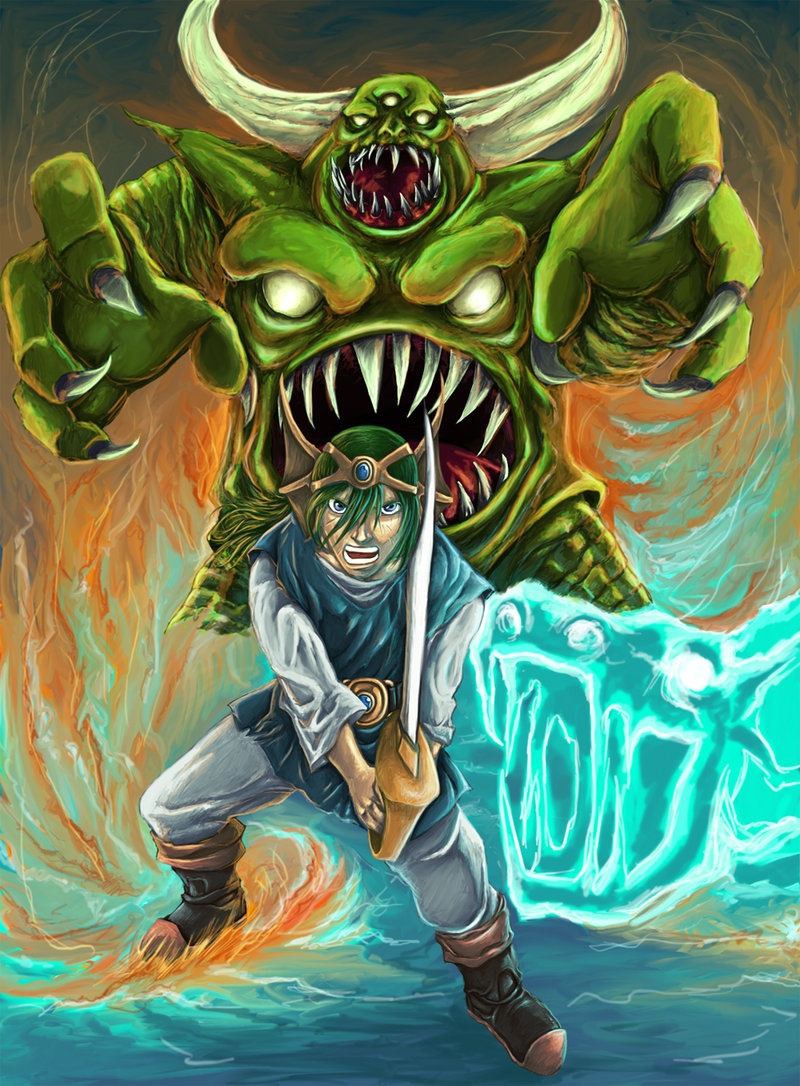 1boy battle chunsoft death_pisaro dragon_quest dragon_quest_iv enix hero_(dq4) horns monster pisaro psaro square_enix sword weapon