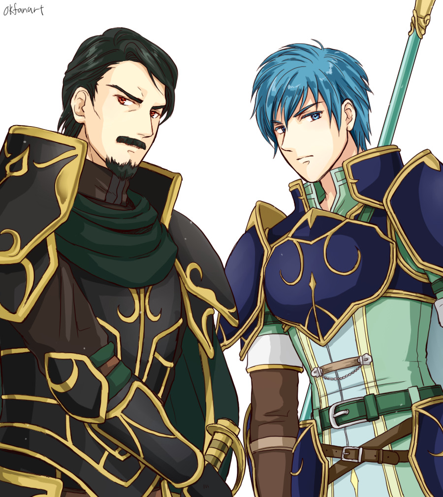 2boys armor black_armor blue_armor blue_eyes blue_hair facial_hair fire_emblem fire_emblem:_radiant_dawn geoffrey_(fire_emblem) goatee green_hair holding holding_polearm holding_weapon male_focus multiple_boys mustache nintendo okfanart polearm red_eyes renning_(fire_emblem) weapon