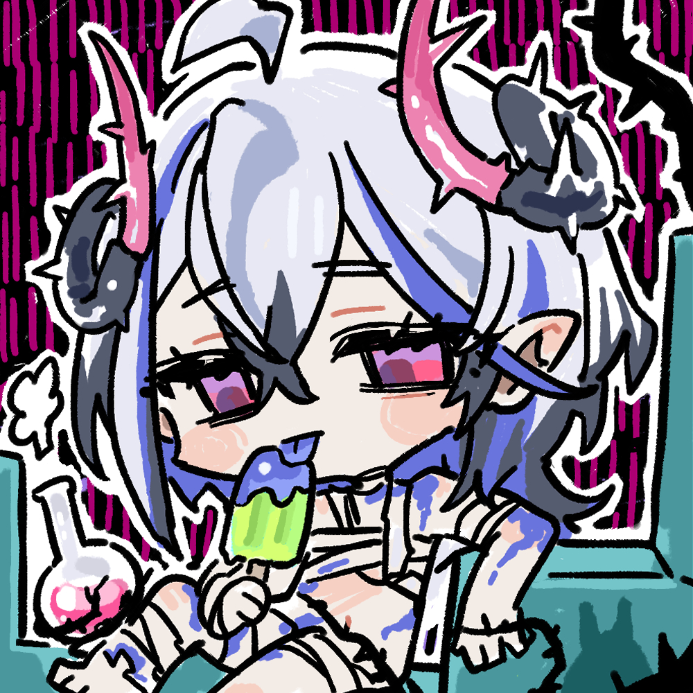 1girl beaker belladonna_(neural_cloud) blue_hair blue_tongue chibi chibi_only chinese_commentary colored_tongue crack cui_pi_zha_xia_qiu food girls&#039;_frontline girls&#039;_frontline_neural_cloud holding holding_food holding_popsicle horns official_art popsicle reclining red_eyes second-party_source solo thorns tongue tongue_out white_hair