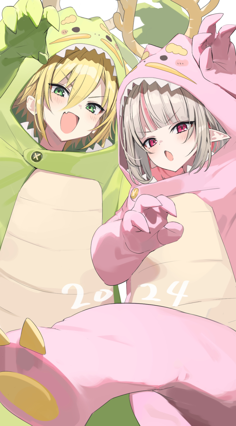 1boy 1girl 2024 animal_costume blonde_hair blunt_bangs brown_hair colored_inner_hair fang fuubuu gao green_eyes hair_between_eyes highres looking_at_viewer makaino_ririmu multicolored_hair nijisanji open_mouth pink_eyes pink_hair pointy_ears sharp_teeth short_hair simple_background skin_fang smile standing standing_on_one_leg straight_hair streaked_hair teeth two-tone_hair uzuki_kou v-shaped_eyebrows virtual_youtuber white_background