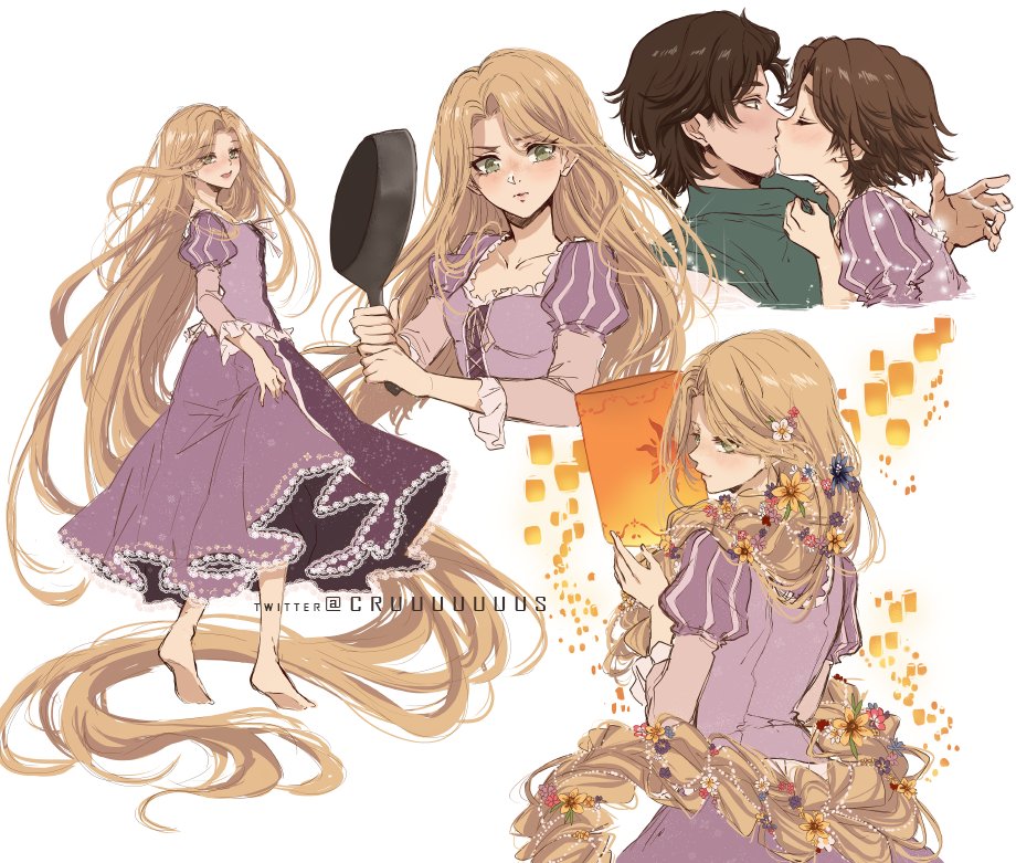 1boy 1girl absurdly_long_hair animification barefoot blonde_hair breasts brown_hair closed_mouth collarbone criis-chan dress flower flynn_rider from_behind from_side frying_pan green_eyes hair_flower hair_ornament hetero holding holding_frying_pan juliet_sleeves lamp long_hair long_sleeves looking_at_viewer parted_hair pink_dress profile puffy_sleeves rapunzel_(disney) short_hair small_breasts smile tangled twitter_username very_long_hair white_flower yellow_flower