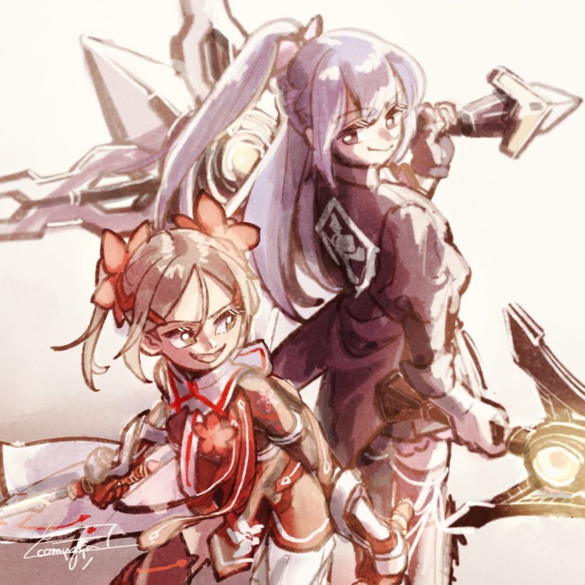 2girls arm_at_side artist_name assault_lily black_jacket black_thighhighs bow braid bright_pupils brown_eyes brown_hair closed_mouth commentary crossover dark_skin dress dual_wielding french_braid fukuyama_jeanne_sachie gloves gradient_background grey_background hair_between_eyes hair_bow hair_ornament hairclip half_updo hand_up holding holding_sword holding_weapon jacket juliet_sleeves komuzuka leg_ribbon long_hair long_sleeves looking_ahead looking_at_another looking_to_the_side ludvico_private_girls&#039;_academy_school_uniform miyoshi_karin multiple_girls open_mouth over_shoulder pink_bow puffy_sleeves purple_hair red_dress red_gloves ribbon school_uniform short_hair sideways_glance signature smile standing sword symbol-only_commentary thigh_ribbon thighhighs twintails weapon weapon_over_shoulder white_background white_pupils white_ribbon yuuki_yuuna_wa_yuusha_de_aru yuusha_de_aru
