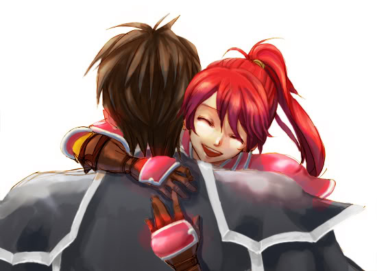 armor brown_hair closed_eyes couple fire_emblem fire_emblem:_path_of_radiance fire_emblem:_radiant_dawn haar_(fire_emblem) happy hug jill_(fire_emblem) long_hair nintendo open_mouth ponytail red_hair short_hair smile wyvern_rider