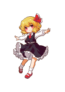 1girl black_skirt black_vest blonde_hair frilled_skirt frills full_body game_cg hair_ribbon kumio long_sleeves lowres mary_janes medium_hair necktie outstretched_arms red_eyes red_necktie red_ribbon red_shoes ribbon rumia shirt shoes skirt smile socks solo tachi-e third-party_source touhou touhou_mystia&#039;s_izakaya transparent_background vest white_shirt white_socks