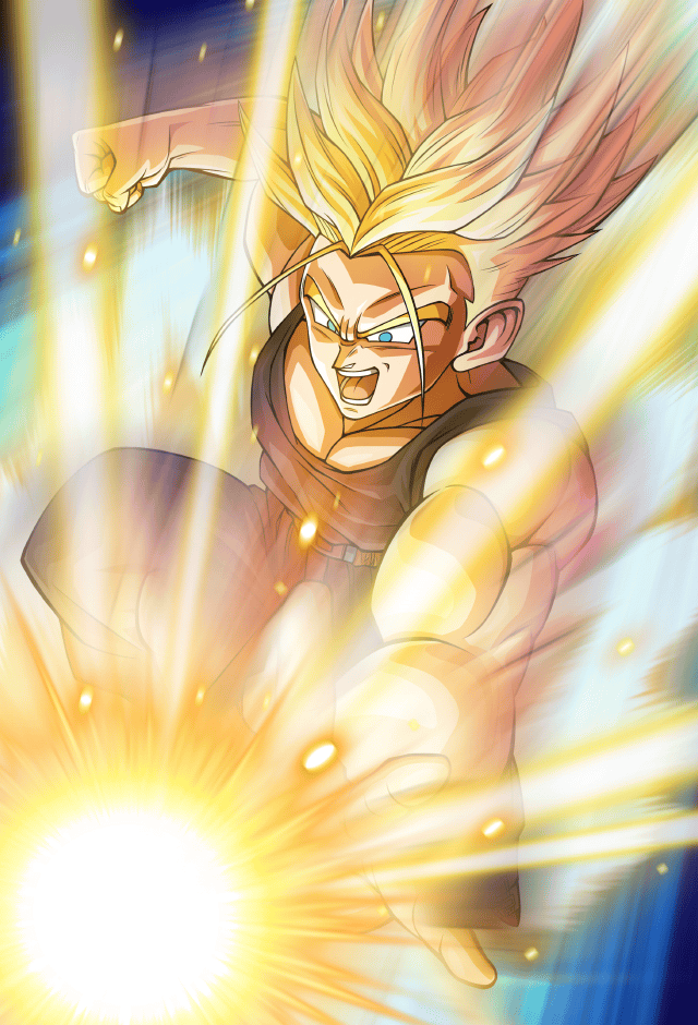 1boy aura blonde_hair dragon_ball green_eyes ki_blast muscular muscular_male official_art serious solo spiked_hair super_saiyan tank_top trunks_(dragon_ball) trunks_(future)_(dragon_ball)