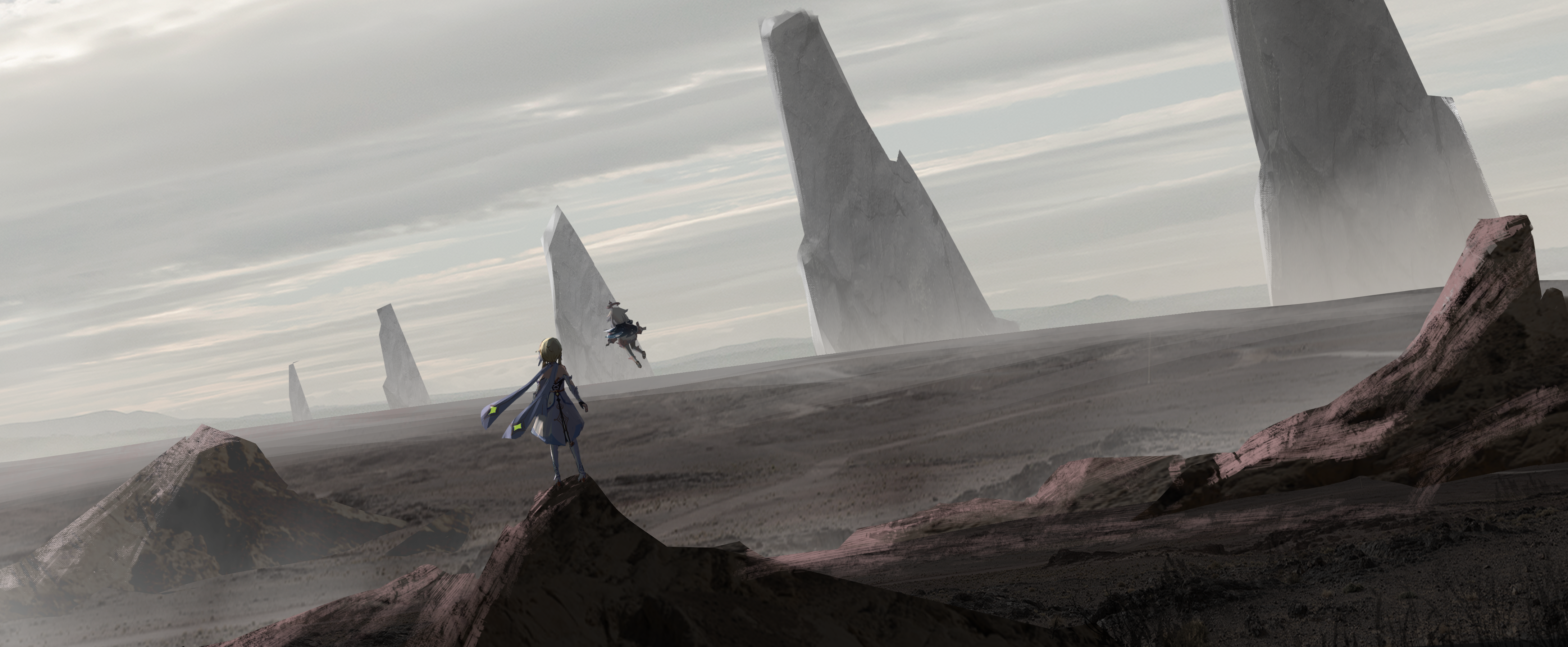 2girls absurdres bare_shoulders blonde_hair capelet day de4d_fish dress floating gauntlets genshin_impact halo highres lumine_(genshin_impact) multiple_girls outdoors paimon_(genshin_impact) scenery white_dress white_hair