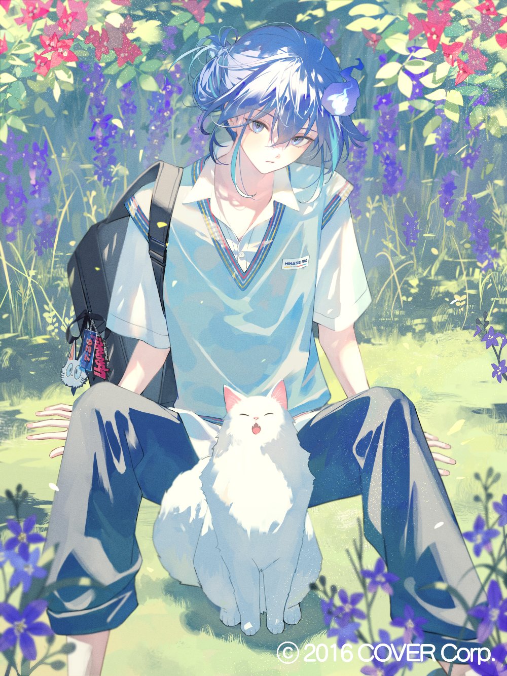 1boy antenna_hair aqua_hair arm_support bag bag_charm black_pants blue_eyes blue_hair blue_sweater_vest bougainvillea_(flower) cat charm_(object) copyright_notice day feet_out_of_frame flower flower_request hair_between_eyes hair_bun highres hitodama holostars knees_up looking_at_viewer male_focus minase_rio multicolored_hair official_art on_grass open_collar outdoors pants pants_rolled_up parted_lips purple_flower red_flower school_bag shirt short_sleeves sidelocks single_hair_bun sitting solo spread_legs streaked_hair sunlight sweater_vest ugonba_(howatoro) untucked_shirt virtual_youtuber white_cat white_shirt wing_collar