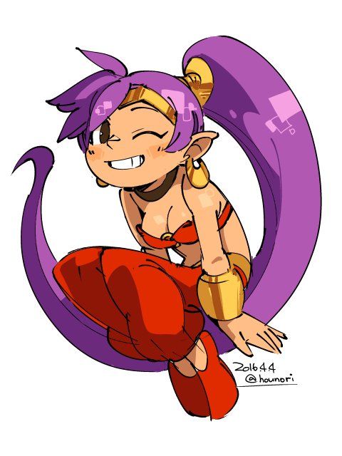 1girl bracer breasts brown_eyes choker cleavage dark-skinned_female dark_skin dated earrings full_body grin harem_pants hounori jewelry long_hair looking_at_viewer medium_breasts midriff navel one_eye_closed pants pointy_ears ponytail purple_hair shantae shantae_(series) simple_background smile solo tiara twitter_username very_long_hair white_background