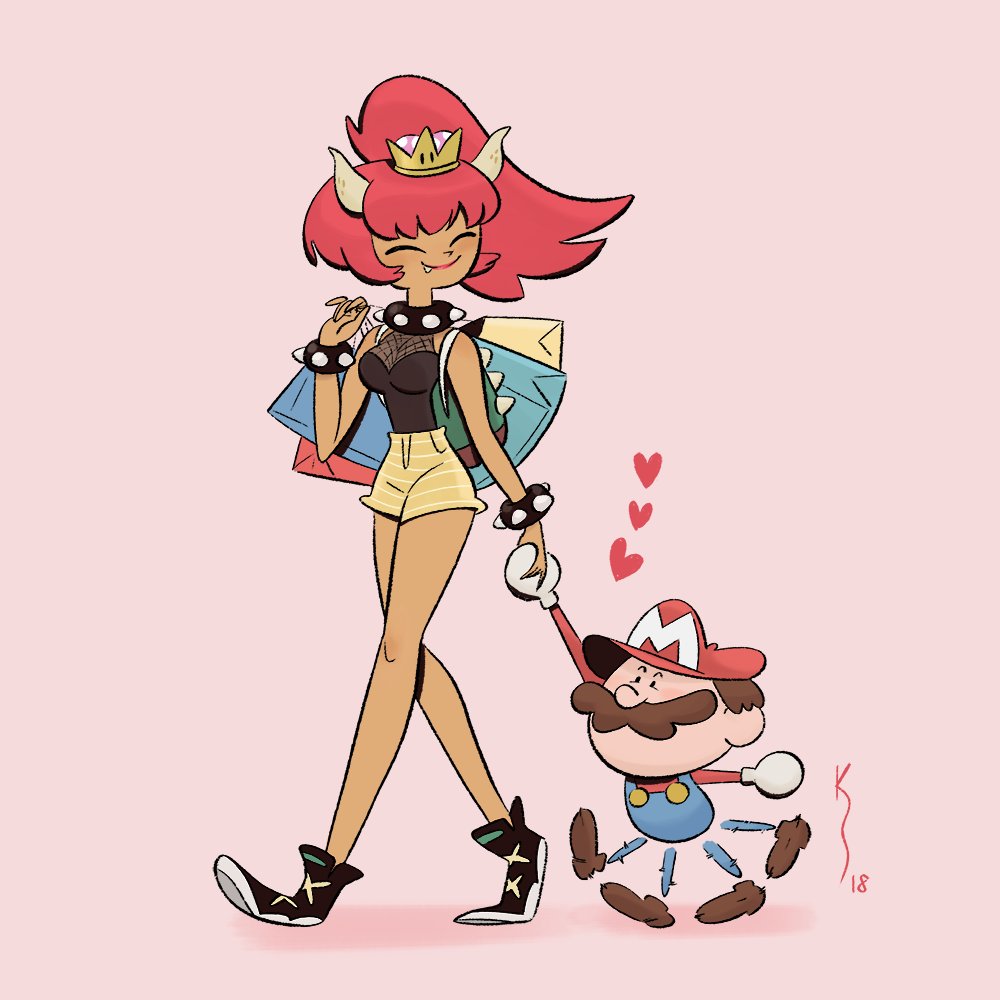 1boy 1girl ^_^ adapted_object afterimage alternate_costume backpack bag bare_shoulders black_footwear black_shirt blush borrowed_character bowsette bracelet breasts brown_hair cabbie_hat closed_eyes collar couple dated facial_hair fang fang_out full_body gloves happy hat height_difference hetero high_ponytail holding_hands horns jewelry kyu-bum_lee legs lipstick long_hair long_sleeves looking_at_another looking_down makeup mario mario_(series) motion_blur motion_lines mustache new_super_mario_bros._u_deluxe nintendo outline overalls pink_background ponytail red_hair red_lips red_shirt shirt shoes shopping shopping_bag short_hair shorts sidelocks signature simple_background sleeveless sleeveless_shirt smile sneakers spiked_bracelet spiked_collar spikes striped_clothes striped_shorts super_crown thighs walking yellow_shorts