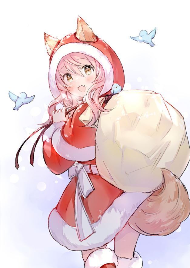 1girl :d animal animal_ears bird boots brown_eyes capelet commentary dress ears_through_headwear from_behind fur-trimmed_boots fur-trimmed_capelet fur-trimmed_dress fur-trimmed_hood fur_trim hair_between_eyes holding holding_sack hood hood_up hooded_capelet knee_boots long_hair looking_at_viewer looking_back open_mouth original pink_hair red_boots red_capelet red_dress sack smile solo tail walking wataame27 wolf-chan_(wataame27) wolf_ears wolf_girl wolf_tail