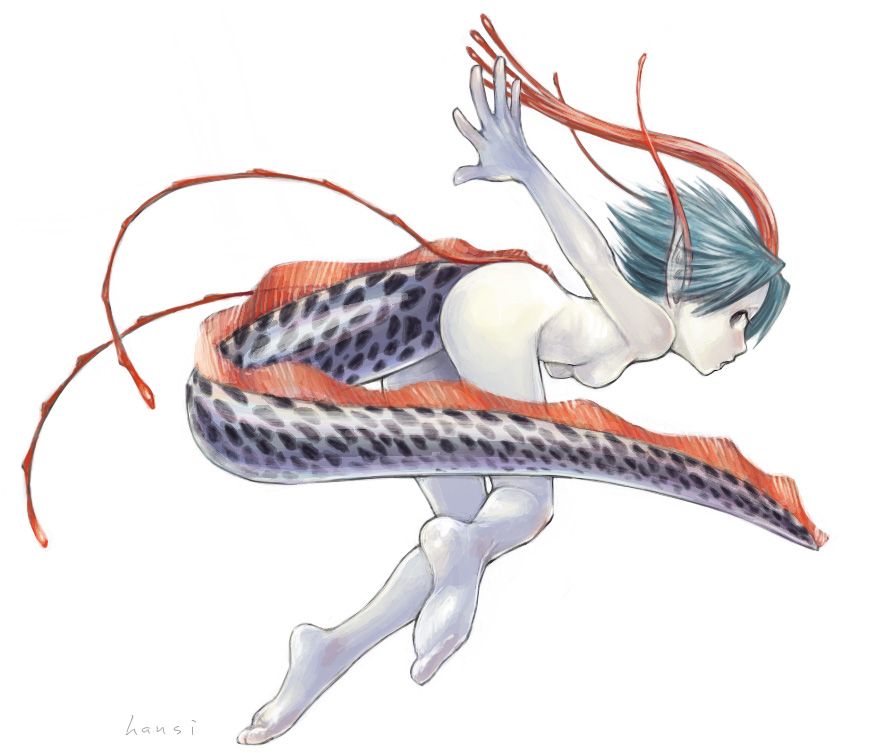 1girl blue_hair breasts colored_skin commentary_request completely_nude fins fish fish_girl from_side hanji_(hansi) head_fins nude oarfish original paint_chat_(medium) profile signature simple_background small_breasts solo tail white_background white_skin