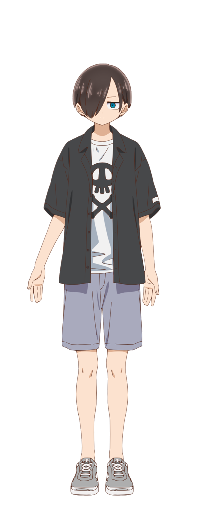 1boy black_shirt blue_eyes blue_shorts boku_no_kokoro_no_yabai_yatsu closed_mouth collared_shirt full_body hair_over_one_eye highres ichikawa_kyoutarou looking_at_viewer official_art print_shirt shirt shirt_under_shirt shoes short_hair shorts simple_background skull_print sneakers solo standing transparent_background white_shirt white_shoes