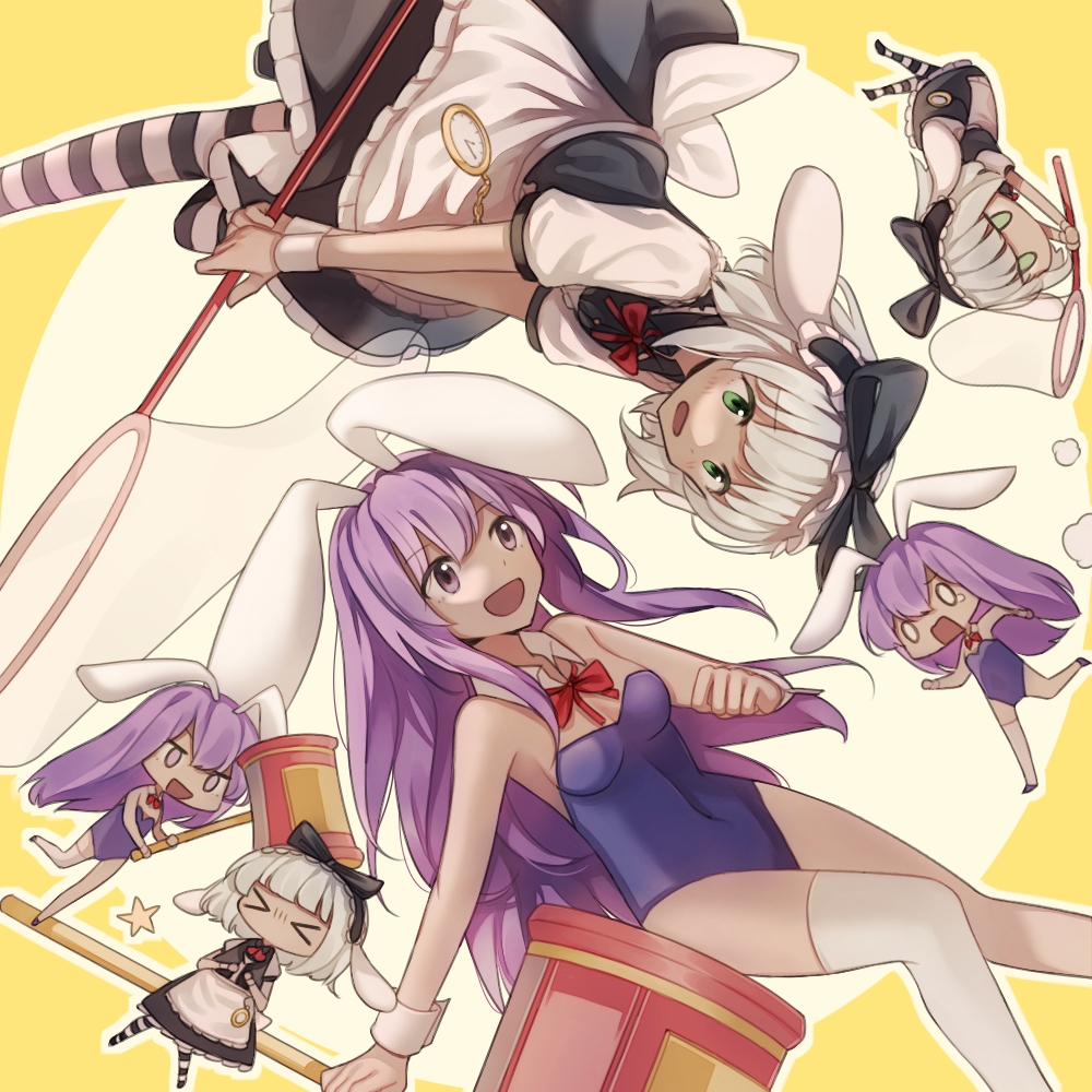 2girls animal_ears breasts butterfly_net chinese_commentary detached_collar erina_(rabi-ribi) green_eyes hair_ribbon hand_net inuko_(ink0425) irisu_(rabi-ribi) large_breasts leotard maid maid_headdress medium_breasts multiple_girls playboy_bunny pocket_watch purple_eyes purple_hair rabbit_ears rabbit_girl rabbit_tail rabi-ribi ribbon striped_clothes striped_thighhighs tail thighhighs translation_request watch white_hair white_thighhighs