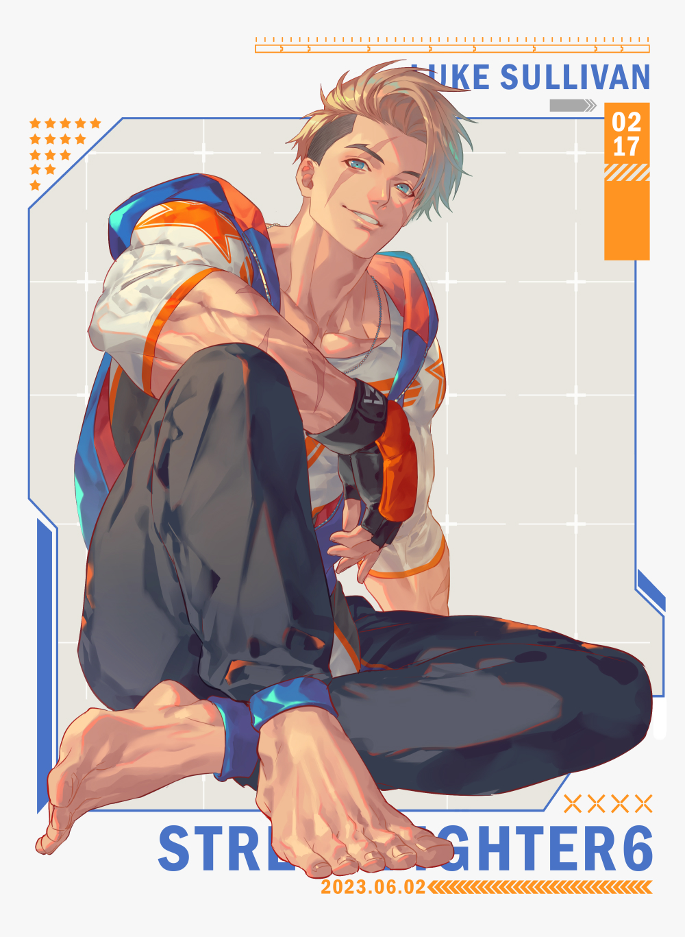 1boy arm_on_knee barefoot black_hair black_pants blonde_hair blue_eyes blue_hoodie character_name collarbone commentary_request copyright_name dog_tags facial_scar fingerless_gloves forked_eyebrows full_body gloves highres hood hood_down hoodie knee_up looking_at_viewer luke_sullivan male_focus mma_gloves multicolored_gloves multicolored_hair multiple_scars muscular muscular_male pants parted_lips scar scar_across_eye scar_on_arm scar_on_cheek scar_on_face shirt short_sleeves sitting sleeveless sleeveless_hoodie smile solo star_(symbol) street_fighter street_fighter_6 talgi teeth two-sided_hoodie two-tone_hair veins veiny_arms