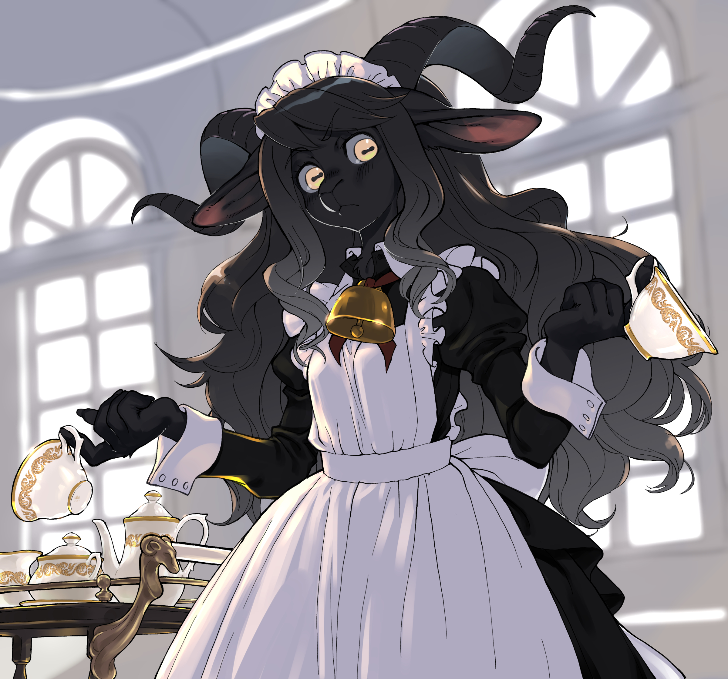  kikurage (crayon arts) hentai 7 kikurage (crayon arts), original, highres, 1girl, animal ears, apron, bell,  cropped legs, frilled apron, frills, furry, furry female, goat ears, goat  girl, horizontal pupils, horns, indoors, long hair, maid, maid apron, maid