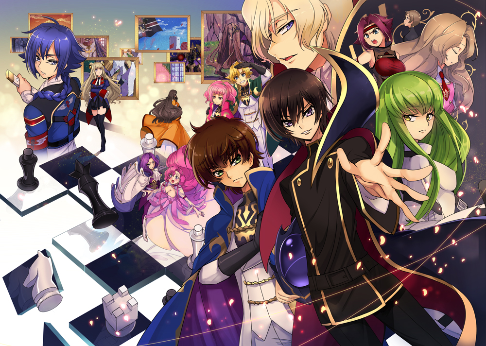 6+boys 6+girls anya_alstreim black_cape black_footwear black_gloves black_hair black_pants black_skirt blonde_hair blue_cape blue_eyes blue_hair bodysuit boots braid braided_ponytail breasts brown_hair c.c. cape chess_piece chessboard cleavage closed_eyes code_geass code_geass:_boukoku_no_akito cornelia_li_britannia crossed_arms elbow_gloves euphemia_li_britannia floating_hair gino_weinberg gloves green_eyes green_hair grin hair_over_shoulder holding holding_sheath hyuuga_akito jacket king_(chess) knight_(chess) kouzuki_kallen kururugi_suzaku large_breasts leila_malcal lelouch_vi_britannia long_hair looking_at_viewer looking_back marianne_vi_britannia miniskirt multiple_boys multiple_girls necktie nunnally_vi_britannia outstretched_arms pants pawn_(chess) pink_hair purple_eyes purple_hair red_neckwear rolo_lamperouge schneizel_el_britannia sheath shida_(xwheel) short_hair silver_hair single_braid skirt sleeveless smile thigh_boots thighhighs very_long_hair white_bodysuit white_jacket white_pants yellow_eyes zettai_ryouiki