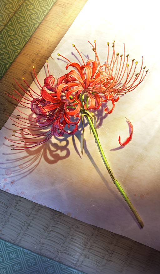 commentary fate/grand_order fate_(series) flower flower_focus higashiyama_hayato light_particles no_humans official_art red_flower spider_lily still_life third-party_source