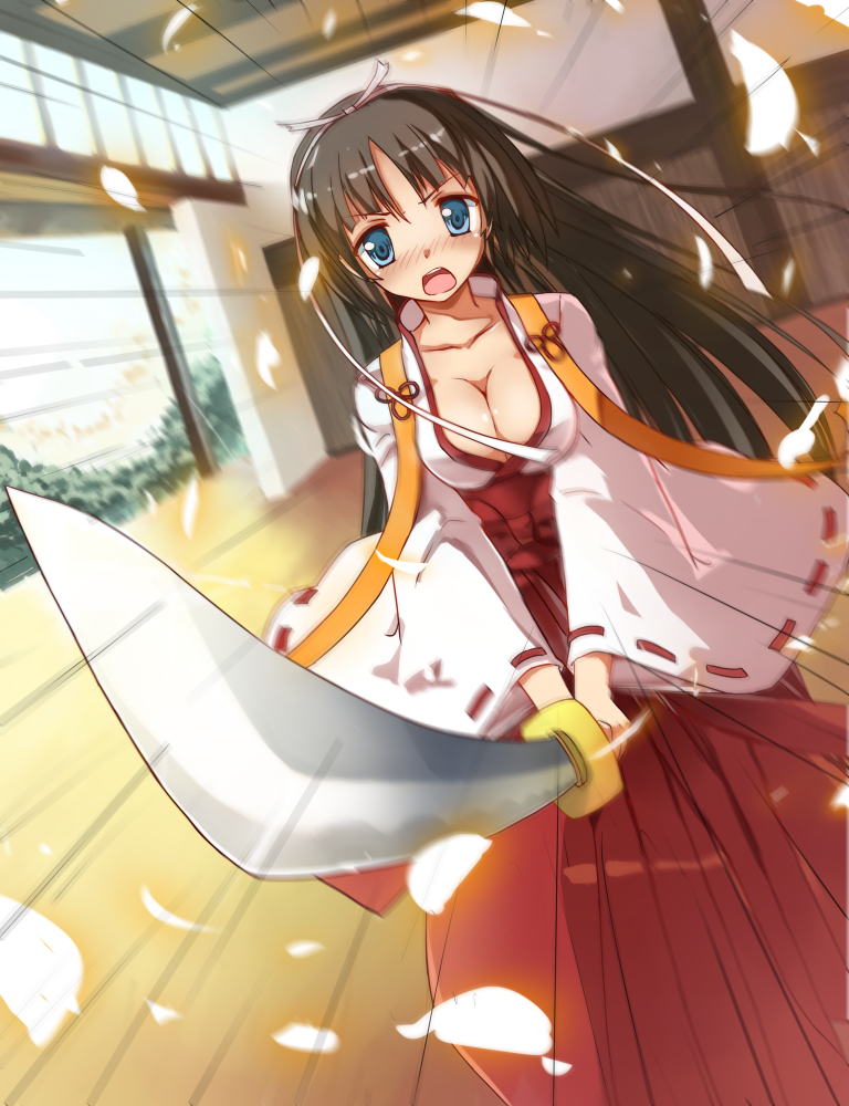 1girl aiming aiming_at_viewer black_hair blue_eyes blush breasts cherry_blossoms cleavage dutch_angle female_focus foreshortening hair_ribbon hakama hakama_skirt hidan_no_aria hotogi_shirayuki japanese_clothes katana large_breasts long_hair miko motion_lines mushiboy open_clothes open_mouth open_shirt pointing_melee_weapon pointing_sword red_hakama ribbon ribbon-trimmed_sleeves ribbon_trim shirt skirt solo sunrise_stance sword weapon wide_sleeves