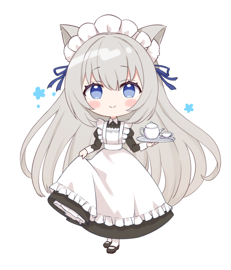 1girl animal_ears apron black_dress black_shoes blue_eyes blue_ribbon blush_stickers cat_ears chibi chibi_only closed_mouth cup dress frilled_apron frills full_body furutori grey_hair hair_ribbon holding holding_tray kettle long_hair long_sleeves looking_at_viewer maid maid_headdress mary_janes no_nose original pantyhose ribbon shoes sidelocks simple_background smile teacup tray very_long_hair white_apron white_background white_pantyhose