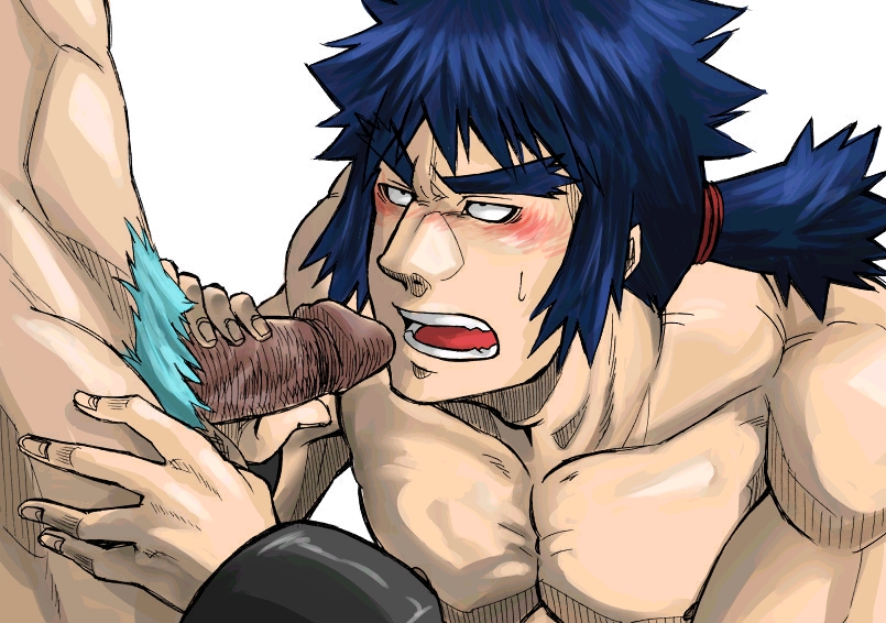 2boys bad_id bad_pixiv_id bara blue_hair bruno_(pokemon) male_focus multiple_boys muscular nintendo nude oral penis pokemon pokemon_rgby tanotsuku_daisuke yaoi