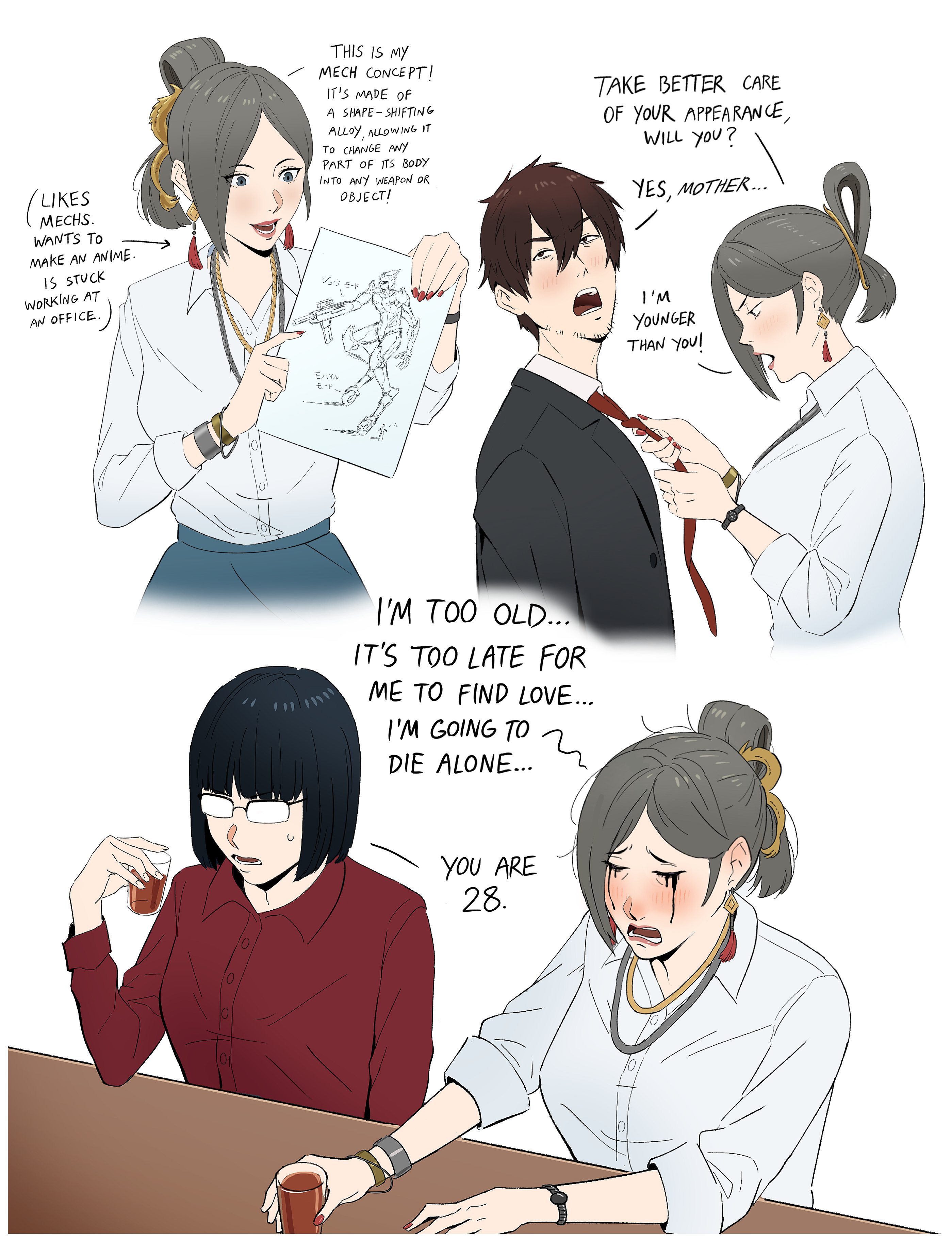 1boy 2girls absurdres alcohol bag beard_stubble black_hair black_pantyhose black_suit blue_skirt bob_cut bracelet collared_shirt commentary cup drawing_(object) drinking_glass earrings english_commentary english_text facial_hair formal_clothes francisco_mon glasses grey_eyes grey_hair gun hair_bun handbag highres jacket jewelry makeup mecha multiple_girls necklace necktie office_lady old old_man old_woman original pantyhose paper red_necktie red_shirt robot runny_makeup shirt short_hair shot_glass simple_background skirt slippers solo stubble suit suit_jacket sweatdrop watch weapon white_background white_shirt wristwatch
