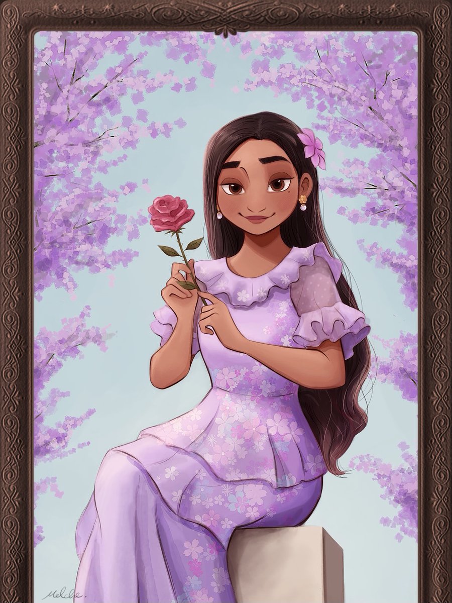 1girl brown_eyes brown_hair dark-skinned_female dark_skin dress earrings encanto flower hair_flower hair_ornament highres isabela_madrigal jewelry long_hair melchencanto mole mole_under_eye purple_dress shirt simple_background smile solo