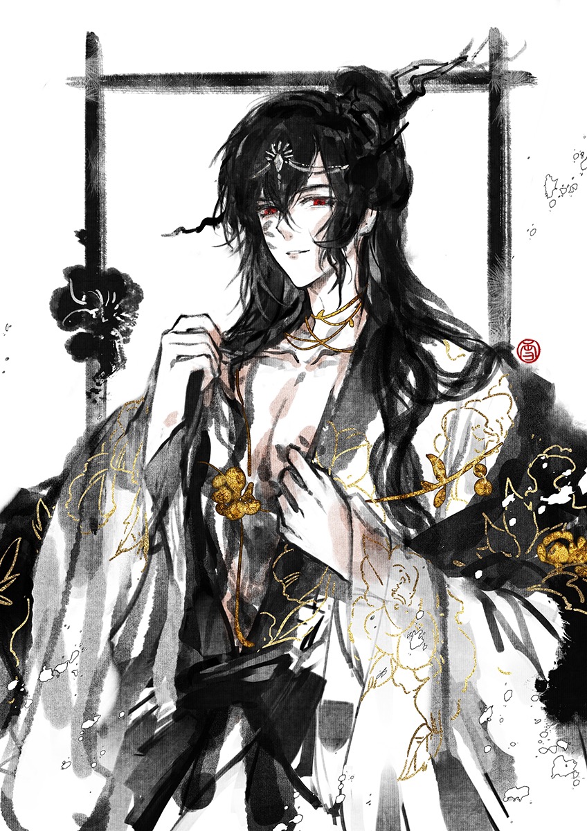 1boy ayn_alwyn black_hair black_nails black_sash black_shawl branch chinese_clothes collarbone facial_tattoo floral_print hair_between_eyes hair_bun hair_ornament hair_stick half_updo hanfu head_chain highres jewelry limited_palette long_hair long_sleeves looking_at_viewer lovebrush_chronicles male_focus nail_polish outside_border parted_lips pectoral_cleavage pectorals petals plunging_neckline red_eyes robe sash seal_impression shawl sideways_glance single_hair_bun smile solo standing tattoo very_long_hair wavy_hair white_background white_robe wide_sleeves xuedaixun