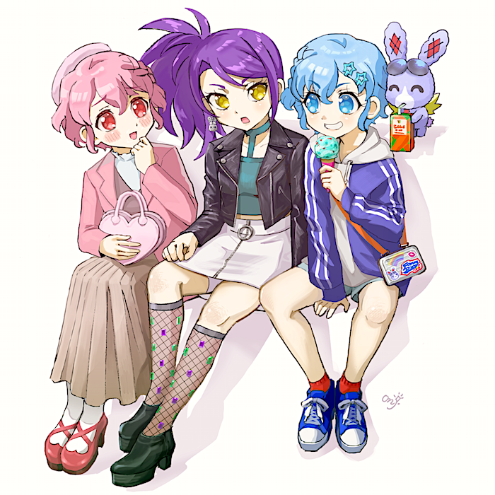 1boy :d bad_id bad_twitter_id bag beret black_jacket blue_eyes blue_footwear blue_hair blue_jacket blush braid brother_and_sister brown_skirt crossdressing crossdressing_(mtf) dorothy_west drinking drinking_straw drinking_straw_in_mouth fishnet_socks fishnets food full_body hand_to_own_mouth hand_up hat holding holding_bag holding_food hood hood_down hooded_jacket ice_cream ice_cream_cone jacket juice_box leather leather_jacket long_hair long_sleeves looking_at_another mdr_onj1807 mole mole_under_eye open_mouth pink_eyes pink_hair pink_hat pink_jacket pleated_skirt pretty_series pripara purple_hair reona_west shoes short_hair siblings side_braid side_ponytail sitting skirt smile sneakers socks stuffed_animal stuffed_rabbit stuffed_toy toudou_shion trap twins usagi_(pripara) white_background white_skirt yellow_eyes