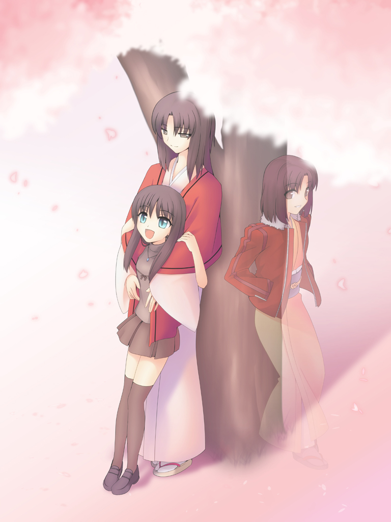 1boy 2girls androgynous black_hair black_legwear black_skirt blue_eyes brown_eyes cherry_blossoms dual_persona ghost japanese_clothes kara_no_kyoukai kimono mature_female mother_and_daughter multiple_girls open_mouth pleated_skirt ryougi_mana ryougi_shiki sandals shoori_(migiha) skirt tabi thighhighs tree