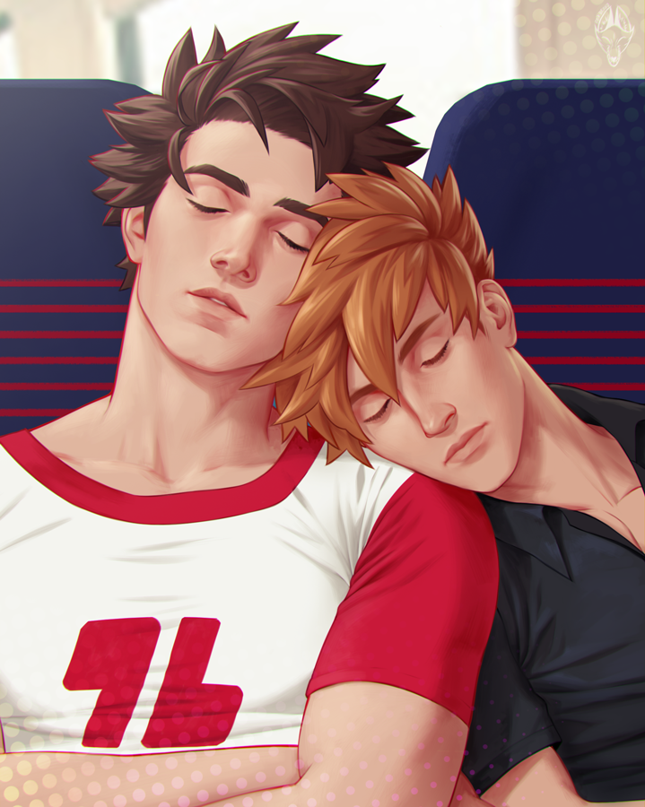2boys artist_logo blue_oak brown_hair closed_eyes commentary english_commentary fox_bravo head_on_another&#039;s_shoulder logo male_focus multiple_boys nintendo pokemon pokemon_sm red_(pokemon) short_hair sleeping upper_body yaoi