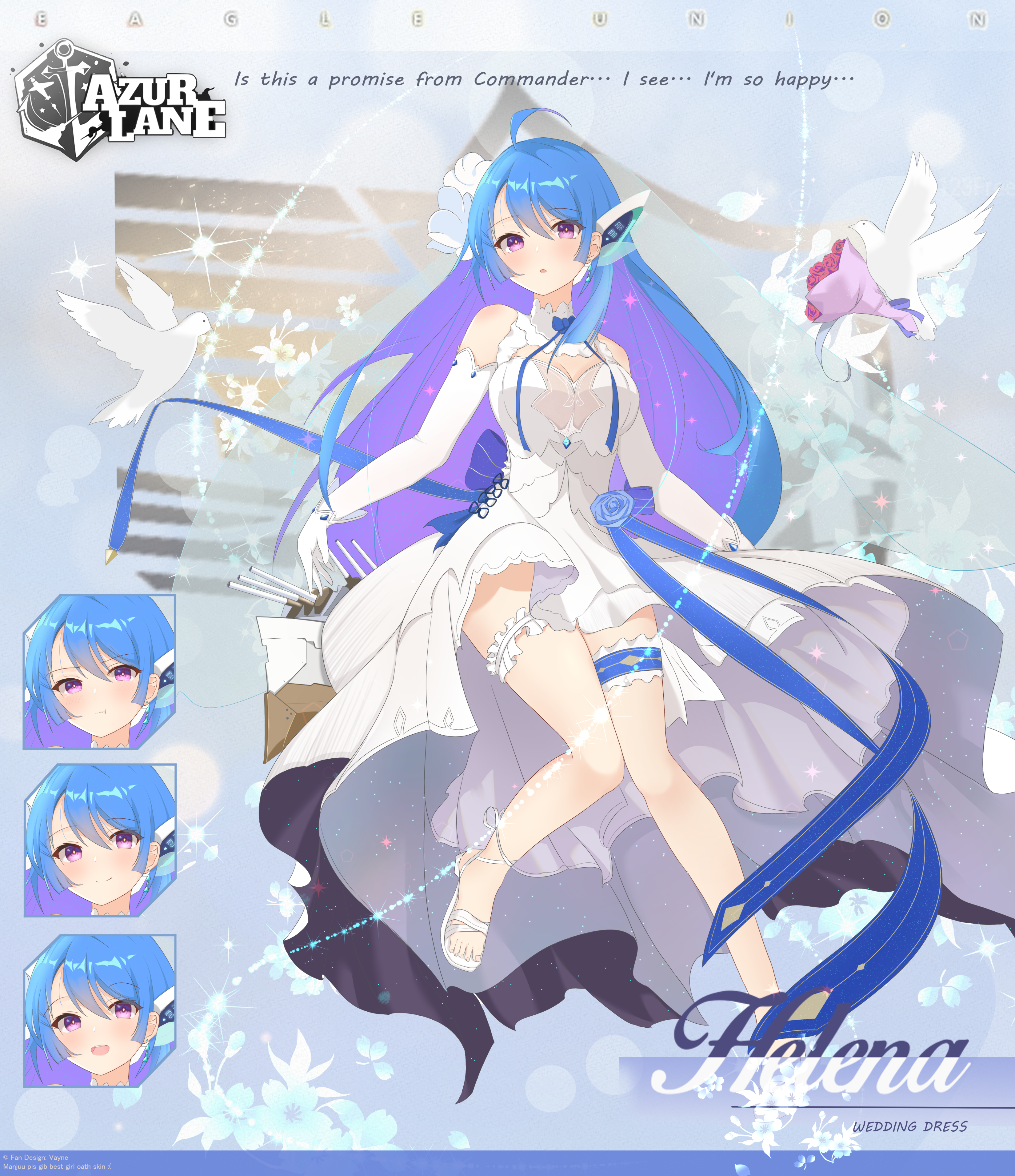 1girl absurdres alternate_costume animal azur_lane bird blue_hair bouquet bridal_veil bride dove dress earrings expression_chart female_focus flower frilled_thigh_strap full_body gloves hair_flower hair_ornament headgear helena_(azur_lane) helena_(retrofit)_(azur_lane) highres huge_filesize jewelry layered_dress long_hair purple_eyes ribbon solo thigh_strap vayneeeee veil wedding_dress white_dress white_gloves
