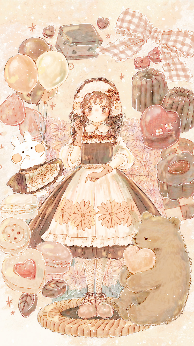 1girl animal_print apron balloon bear_print blush blush_stickers brown_bear brown_dress brown_hair brown_ribbon brown_shoes brown_skirt candy checkerboard_cookie chocolate chocolate_heart closed_mouth collared_shirt cookie curly_hair dress eyelashes floral_print flower food full_body gingham hairband heart highres holding holding_balloon holding_stuffed_toy hugging_object looking_at_viewer momochy original oversized_food oversized_object pastry peter_pan_collar pinafore_dress pink_background pink_flower print_hairband pudding ribbon shirt shoes signature skirt sleeveless sleeveless_dress smile solo standing stuffed_toy three-quarter_sleeves waist_apron white_apron white_hairband white_rabbit_(animal) white_ribbon white_shirt