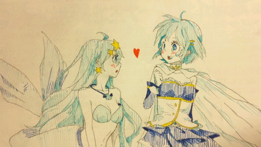 crossover houshou_hanon houshou_hanon_(mermaid) long_hair mahou_shoujo_madoka_magica mahou_shoujo_madoka_magica_(anime) mermaid_melody_pichi_pichi_pitch miki_sayaka miki_sayaka_(magical_girl) simple_background tagme very_long_hair white_background