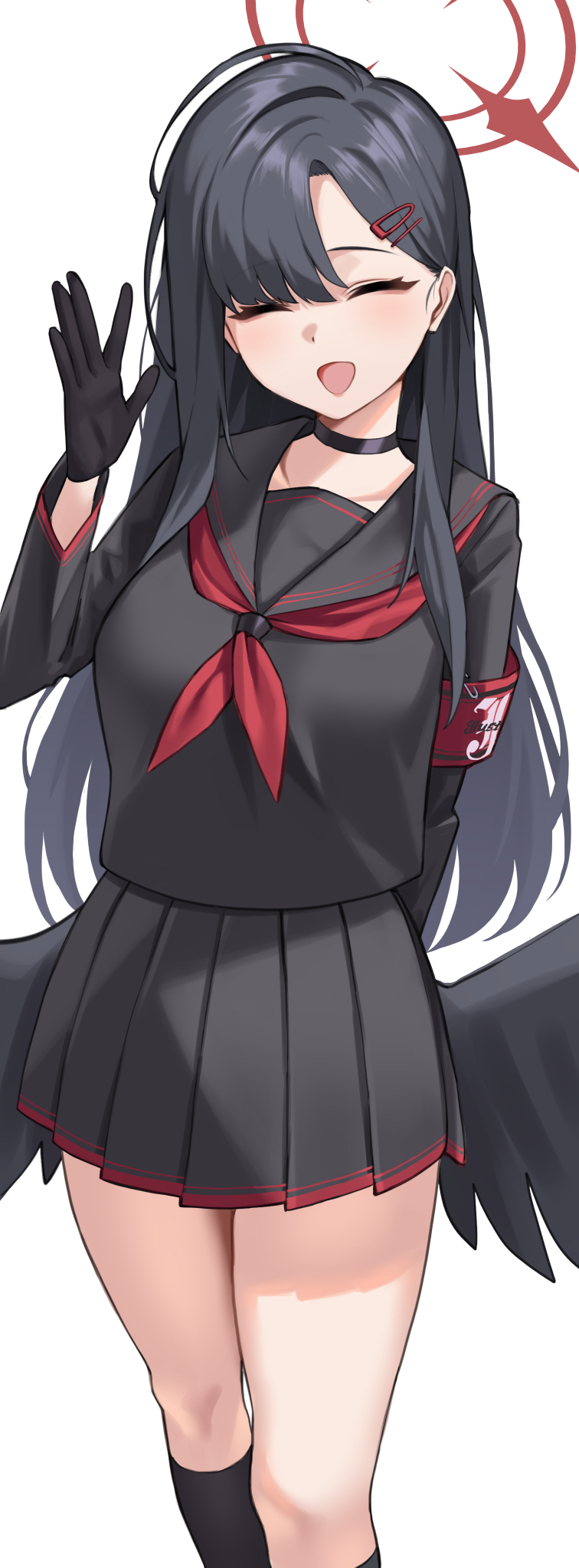 1girl ^_^ arm_behind_back armband black_choker black_gloves black_hair black_sailor_collar black_serafuku black_shirt black_skirt black_socks black_wings blue_archive breasts choker closed_eyes facing_viewer feathered_wings feet_out_of_frame gloves hair_ornament hairclip halo hand_up highres ichika_(blue_archive) kneehighs kumamiya large_breasts long_hair low_wings miniskirt open_mouth parted_bangs pleated_skirt red_armband red_halo sailor_collar school_uniform serafuku shirt simple_background skirt smile socks solo standing thighs white_background wings