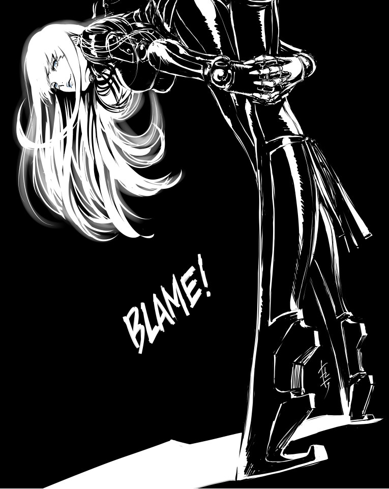 be bent_over black_&amp;_white blame! cibo leg_focus looking_at_viewer