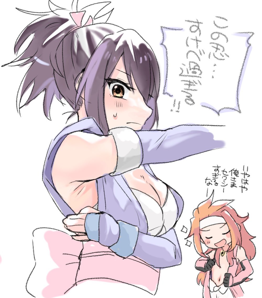 1boy 1girl armpit_crease armpits black_hair blush brown_eyes fingerless_gloves fujibayashi_sheena gloves high_ponytail looking_at_viewer mametaro_(ma_me_ta_ro) obi ponytail sash speech_bubble sweatdrop tales_of_(series) tales_of_symphonia white_background zelos_wilder