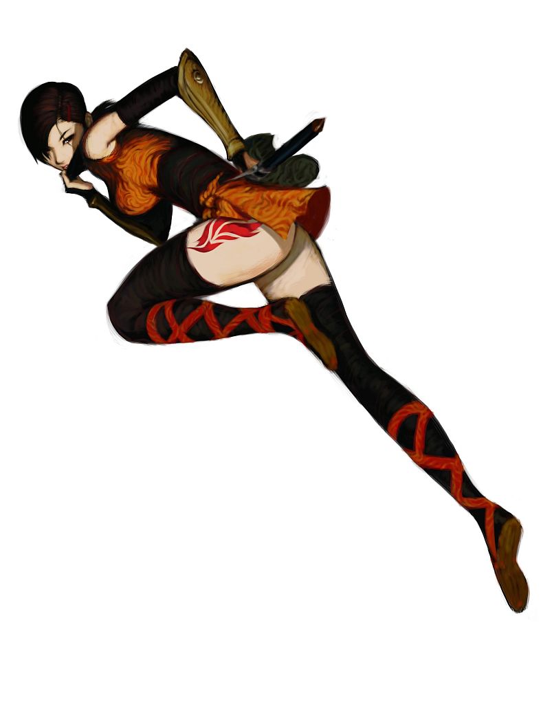 1girl black_hair black_thighhighs capcom female_focus ikeno_daigo japanese_clothes kaede_(onimusha) leg_tattoo mask mouth_mask ninja official_art onimusha onimusha:_warlords onimusha_soul running scar short_hair short_sword solo sword tattoo thighhighs weapon